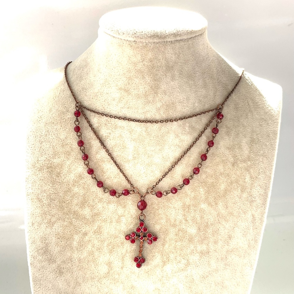 Deadstock 1928 Red beaded cross necklace with layered chains and drop y2k